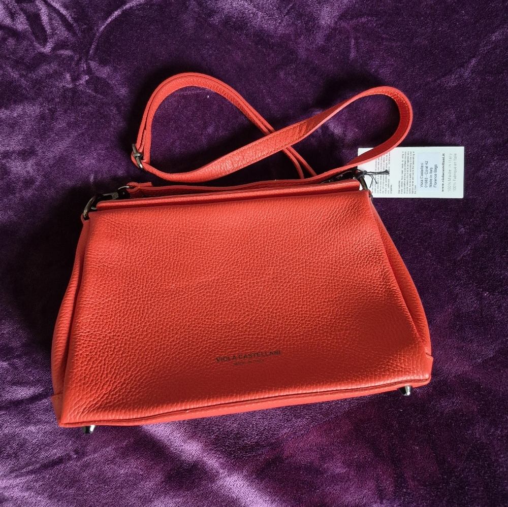 Viola Castellani coral red leather triple compartment bag
